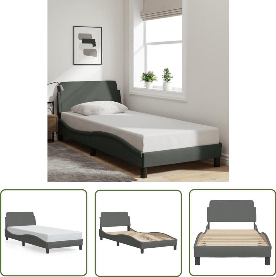 VidaXL Bedframe Dover 90x190 cm stof donkergrijs Bedframe Donkere Kleuren Houten Bed Tweepersoonsbed Stapelbaar Bed