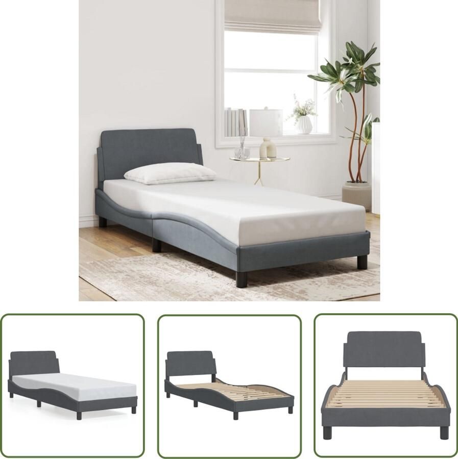 VidaXL Bedframe Dover 90x200 cm fluweel donkergrijs Bedframe Donkere Kleuren Tweepersoonsbed Metalen Bedframe Houten Bedframe