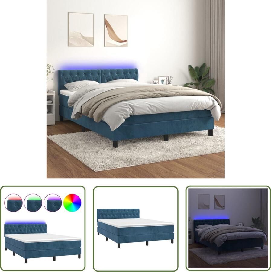 The Living Store Boxspring Bed Donkerblauw fluweel 140x190 cm Met LED-verlichting Boxspring Bed Donkere Kleuren Velvet Bed Led Lampen Tweepersoons Bed