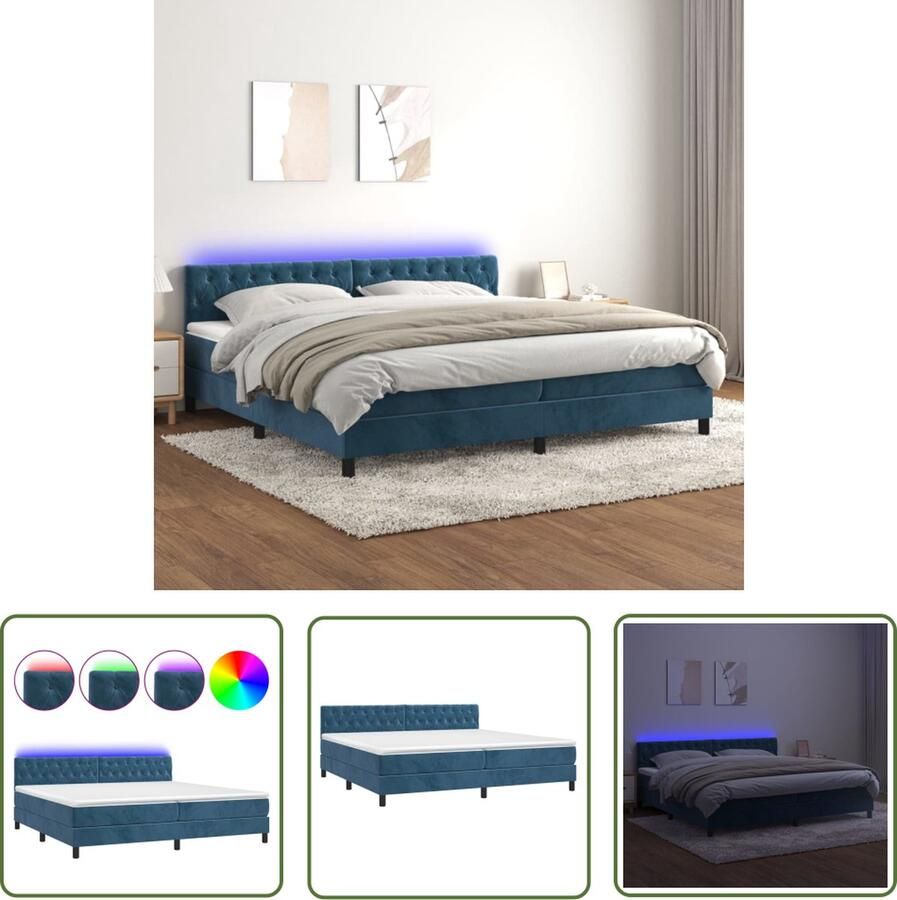 The Living Store Boxspring Bed Donkerblauw Fluweel 203 x 200 x 78 88 cm Verstelbaar hoofdbord LED-verlichting Pocketvering matras Huidvriendelijk topmatras Inclusief montagehandleiding