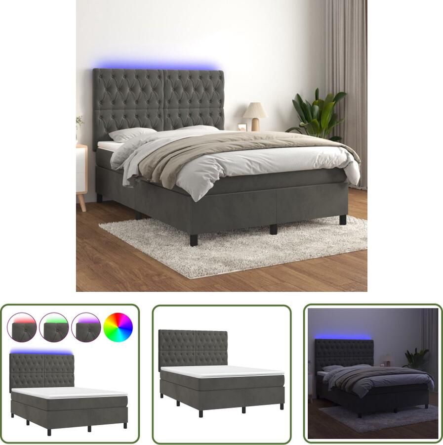 The Living Store Boxspring Bed Donkergrijs Fluweel 193x144x118 128 cm Verstelbaar hoofdbord LED-verlichting Pocketvering matras 140x190x20 cm Huidvriendelijk topmatras Inclusief montagehandleiding