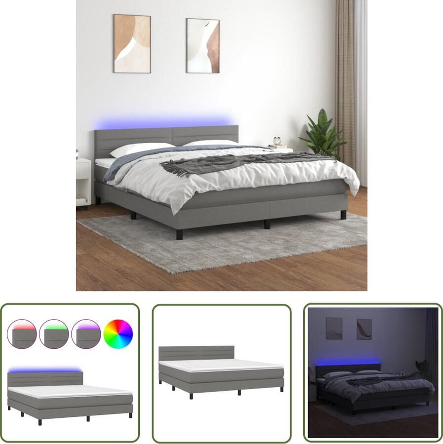 The Living Store Boxspring Bed Donkergrijs 203 x 180 x 78 88 cm verstelbaar hoofdbord kleurrijke LED-verlichting Boxspring Bed Donkere Kleuren Led Verlichting Slaapcomfort Tweepersoonsbed
