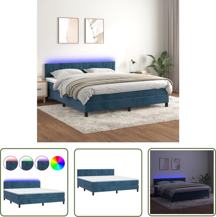 The Living Store Boxspring Donkerblauw 203x160x78 88 cm met LED-verlichting en Pocketvering Matras Fluweel Boxspring Donkere Kleuren Led Verlichting Velvet Tweepersoonsbed - Foto 2
