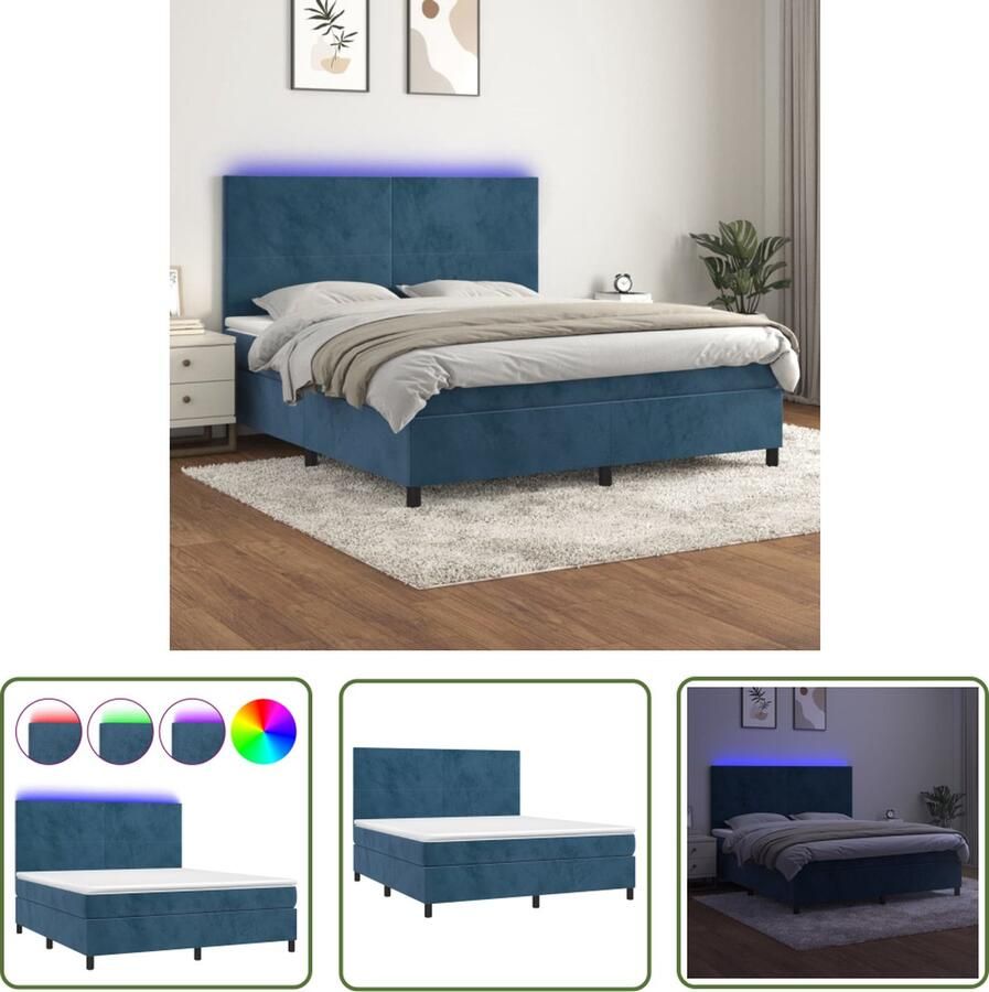 The Living Store Boxspring Fluweel Donkerblauw 203 x 180 x 118 128 cm Incl LED-strip Boxspring Donkere Kleuren Fluweel Led Verlichting Tweepersoonsbed