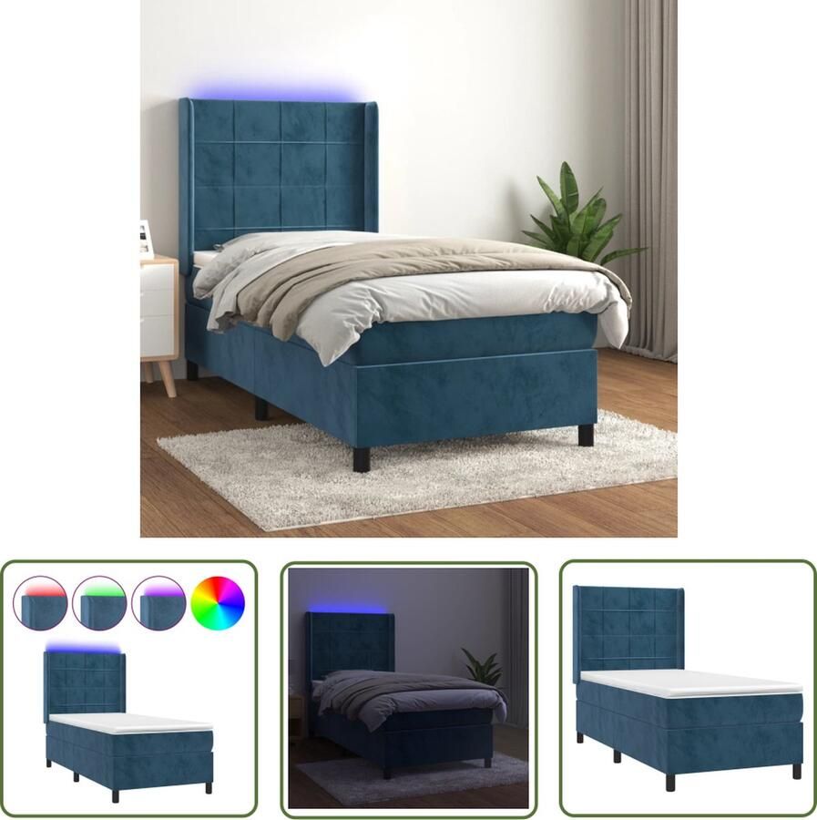 The Living Store Boxspring donkerblauw fluweel 203x83x118 128 cm verstelbaar hoofdbord met LED Boxspring Donkere Kleuren Velvet Led Verlichting Tweepersoonsbed