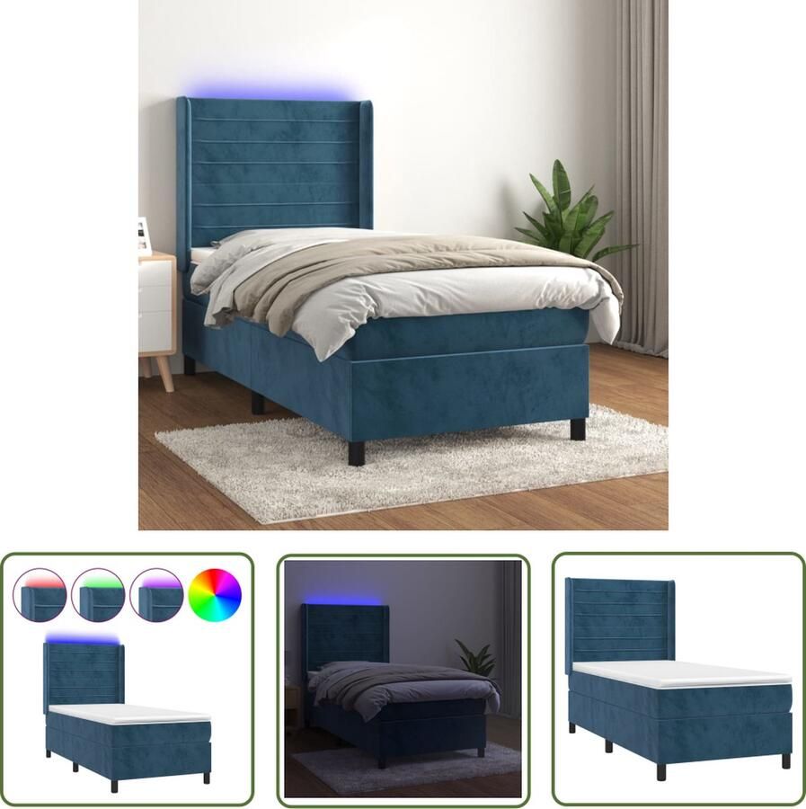 The Living Store Boxspring Donkerblauw fluwelen bed 193 x 93 x 118 128 cm Hoogte verstelbaar hoofdbord Kleurrijke LED-verlichting Pocketvering matras Huidvriendelijk topmatras Met montagehandleiding