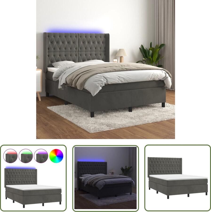 The Living Store Boxspring Donkergrijs Fluweel 193x147x118 128 cm Pocketvering matras 140x190x20 cm Huidvriendelijk topmatras 140x190x5 cm LED inclusief Boxspring Donkere Kleuren Fluweel Led Lampen Pocketveer Matras