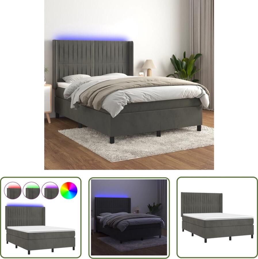 The Living Store Boxspring met matras en LED fluweel donkergrijs 140x200 cm Boxspring Donkere Kleuren Led Lampen Velvet Tweepersoonsbed
