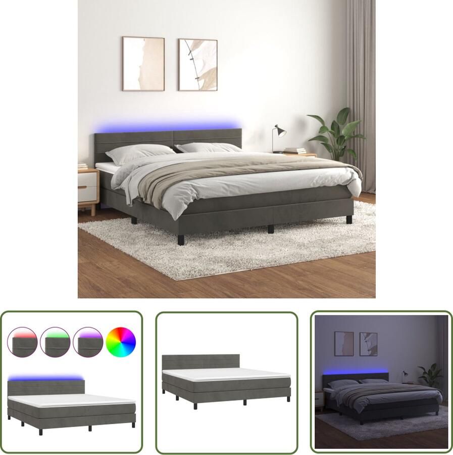 The Living Store Boxspring Donkergrijs Fluweel 203x160x78 88 cm LED Pocketvering Matras Huidvriendelijk Topmatras Boxspring Donkere Kleuren Fluweel Led Lampen Pocketed Spring Mattress
