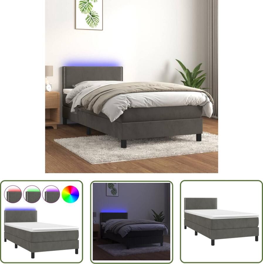 The Living Store Boxspring Donkergrijs 193x90x78 88 cm Zacht fluweel Verstelbaar hoofdbord Kleurrijke LED-verlichting Pocketvering matras Huidvriendelijk topmatras
