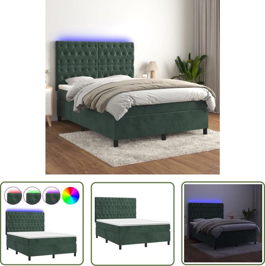 The Living Store Boxspring met matras en LED fluweel donkergroen 140x190 cm Boxspring Donkere Kleuren Velvet Bed Hoofdbord Led Lampjes