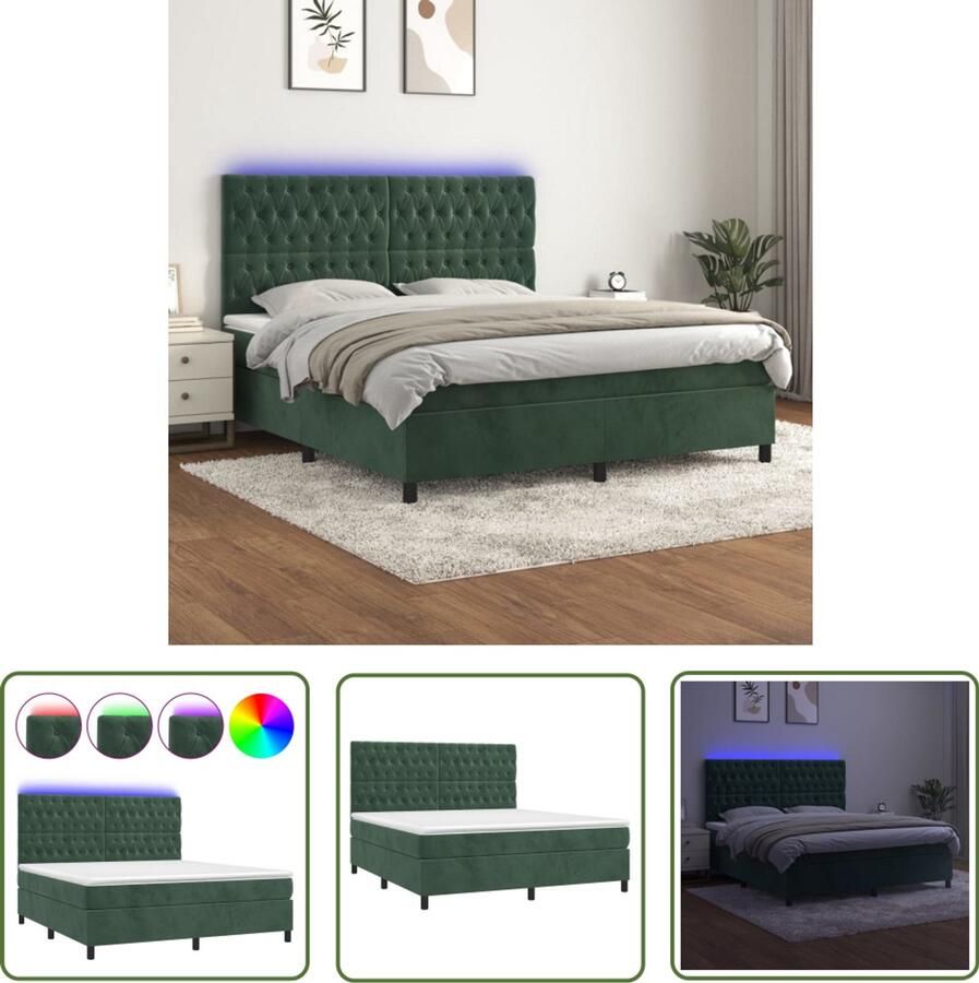 The Living Store Boxspring met matras en LED fluweel donkergroen 160x200 cm Boxspring Donkere Kleuren Tweepersoonsbed Lederlook Hoofdbord