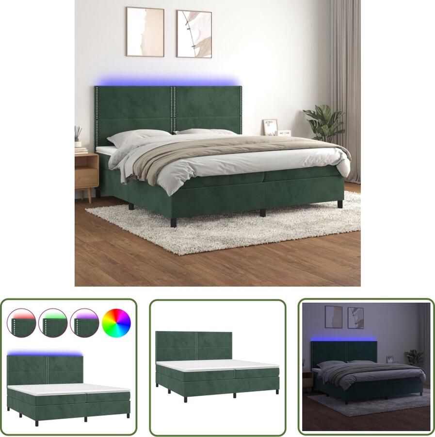 The Living Store Boxspring Donkergroen Fluweel 203 x 200 x 118 128 cm Verstelbaar hoofdbord Kleurrijke LED-verlichting Pocketvering matras Huidvriendelijk topmatras Inclusief montagehandleiding