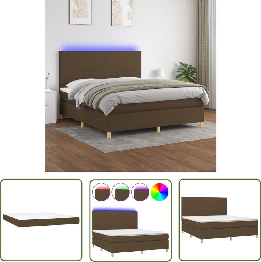 The Living Store Boxspring met matras en LED stof donkerbruin 160x200 cm Boxspring Donkere Kleuren Led Lampen Pocketveer Matras Slaapcomfort
