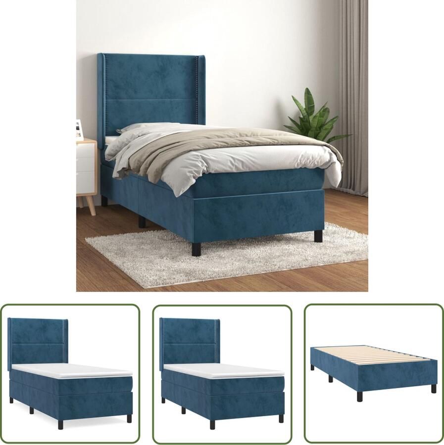 The Living Store Bed Donkerblauw fluweel 203 x 83 x 118 128 cm Pocketveringmatras Middelharde ondersteuning Huidvriendelijk topmatras Boxspring Donkere Kleuren Velvet Bed Tweepersoonsbed Slaapcomfort
