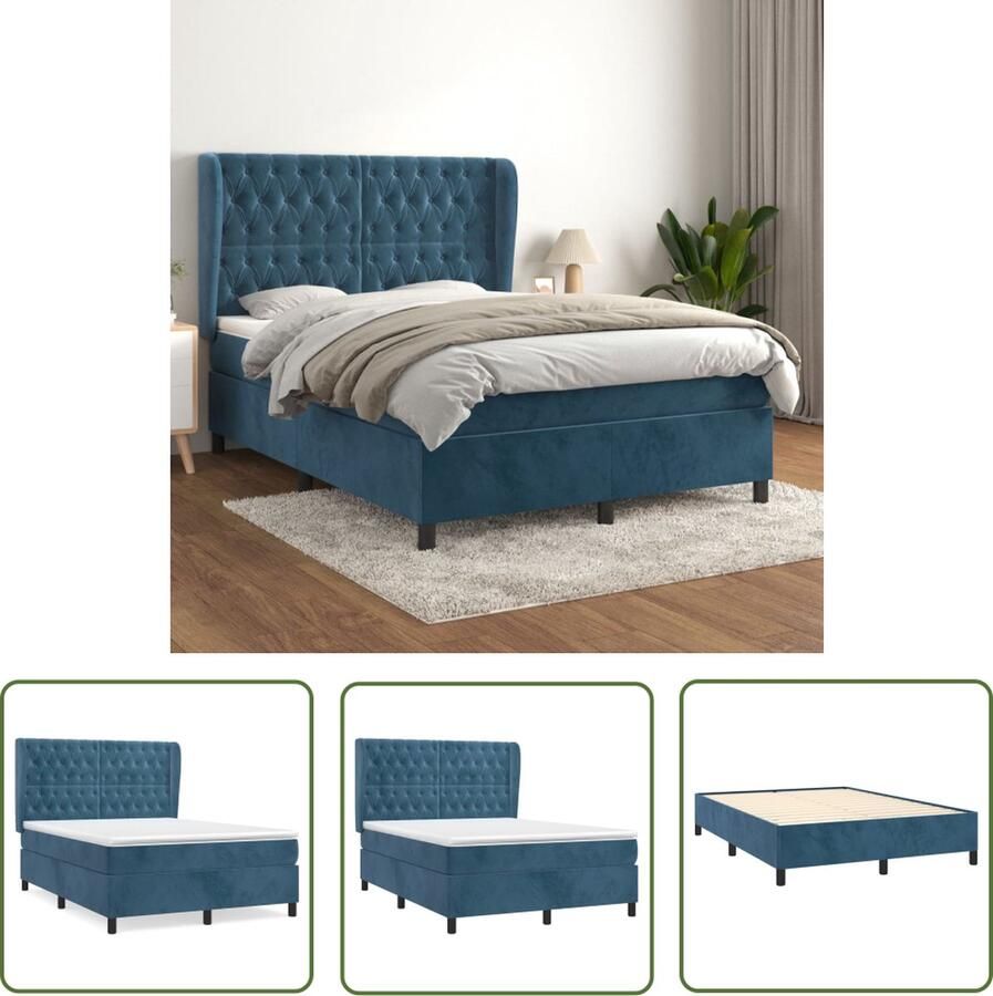 The Living Store Boxspringbed Donkerblauw Fluweel 203 x 147 x 118 128 cm Pocketvering Matras Middelharde Ondersteuning Huidvriendelijk Topmatras Boxspringbed Donkere Kleuren Velvet Bed Tweepersoons Bed Pocketveer Matras