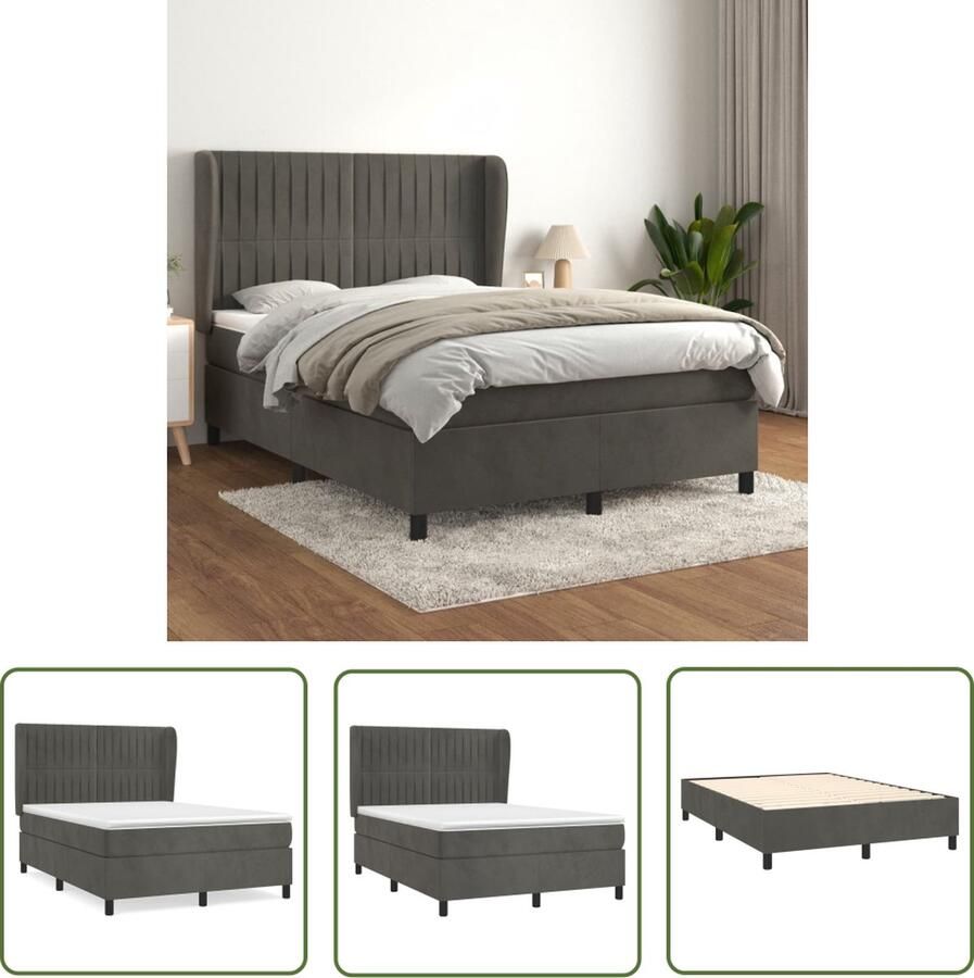 The Living Store Boxspringbed Donkergrijs 203 x 144 x 118 128 cm Fluweel Verstelbaar hoofdbord Pocketvering matras Middelharde ondersteuning Huidvriendelijk topmatras Inclusief montagehandleiding