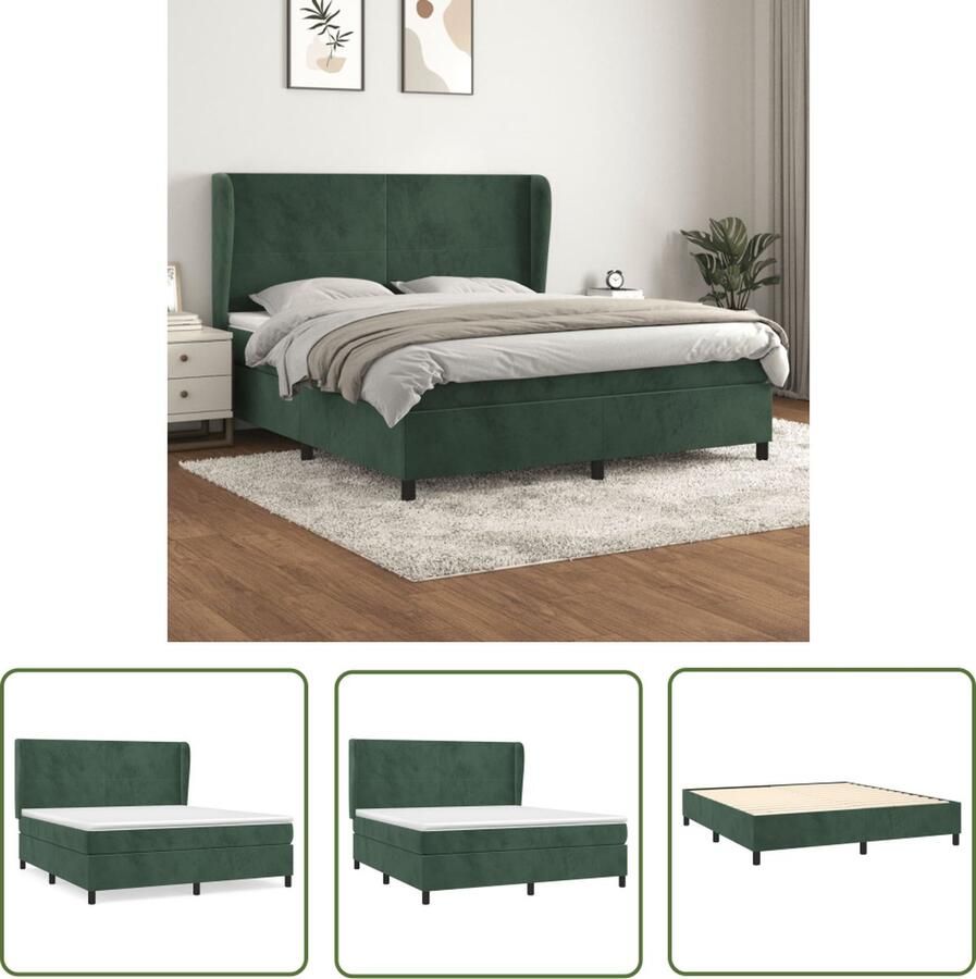The Living Store Boxspringbed Donkergroen Fluweel 203 x 163 x 118 128 cm Pocketvering Matras Middelharde ondersteuning Huidvriendelijk Topmatras Boxspringbed Donkere Kleuren Velvet Bed Tweepersoonsbed Pocketveer Matras