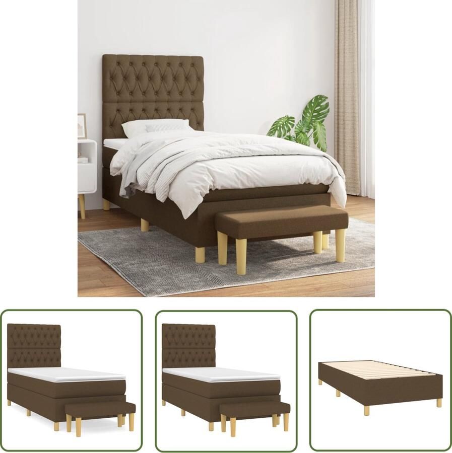 The Living Store Boxspringbed Donkerbruin 203 x 100 x 118 128 cm Duurzaam verstelbaar hoofdbord pocketvering matras middelharde ondersteuning huidvriendelijk topmatras multifunctioneel bankje
