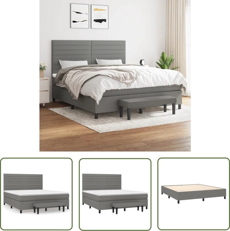 The Living Store Boxspringbed Donkergrijs 203x160x118-128 cm Duurzaam stof Verstelbaar hoofdbord Pocketvering matras Middelharde ondersteuning Huidvriendelijk topmatras Multifunctioneel bankje