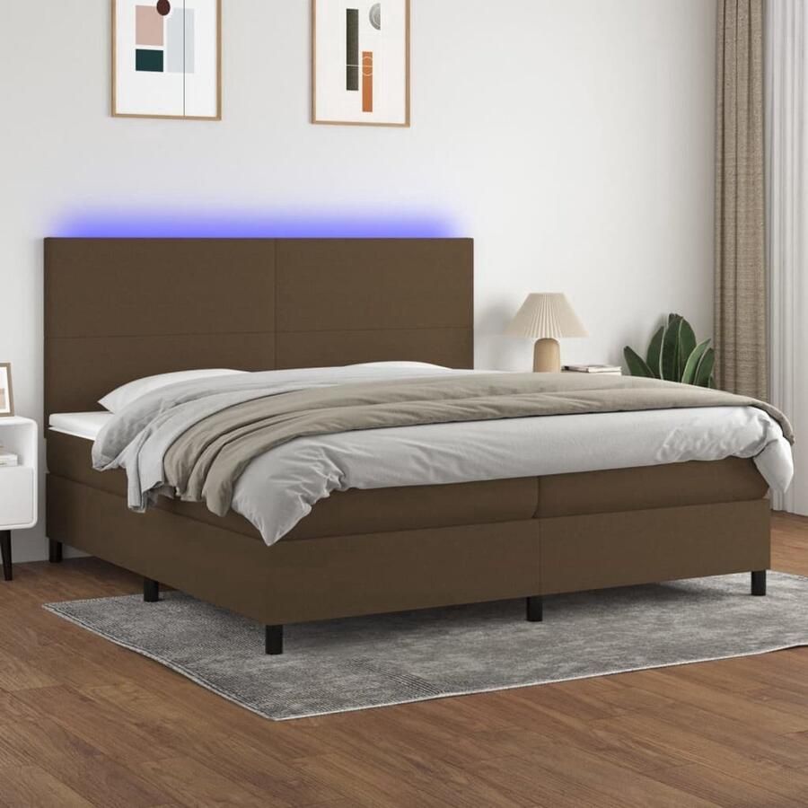 The Living Store Boxspring Bed Donkerbruin 203x200x118 128cm LED-verlichting Boxspring Donkere Meubels Led Lampen Slaapcomfort Tweepersoonsbed