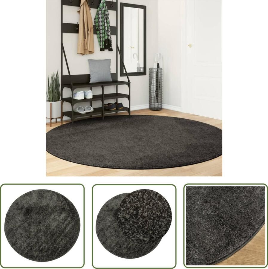 The Living Store ISTAN Vloerkleed á 200 cm Donzig polyester Antraciet Gel rugzijde Vloerkleed Donzig Vloerkleed Zacht Vloerkleed Anti Slip Vloerkleed Ronde Vloerkleed