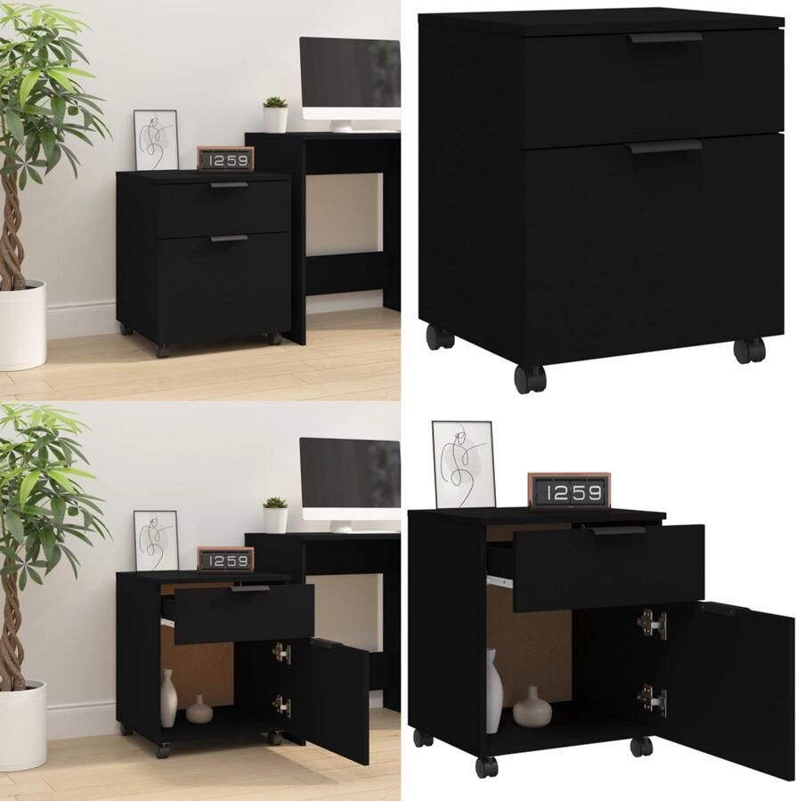 VidaXL Dossierkast verrijdbaar 45x38x54 cm bewerkt hout zwart Dossierkast Dossierkasten Opberg Kast Opbergkast