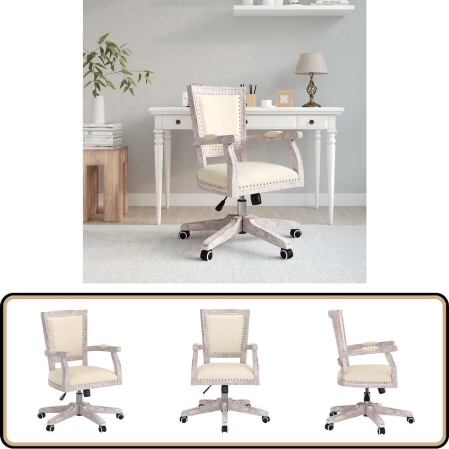 VidaXL Draaibare Bureaustoel Linnen en Hout Kantoorstoel Bureaustoel Barkookstijl Linnen Beige Comfortabele Stoel Ergonomische Stoel Verstelbare Stoel