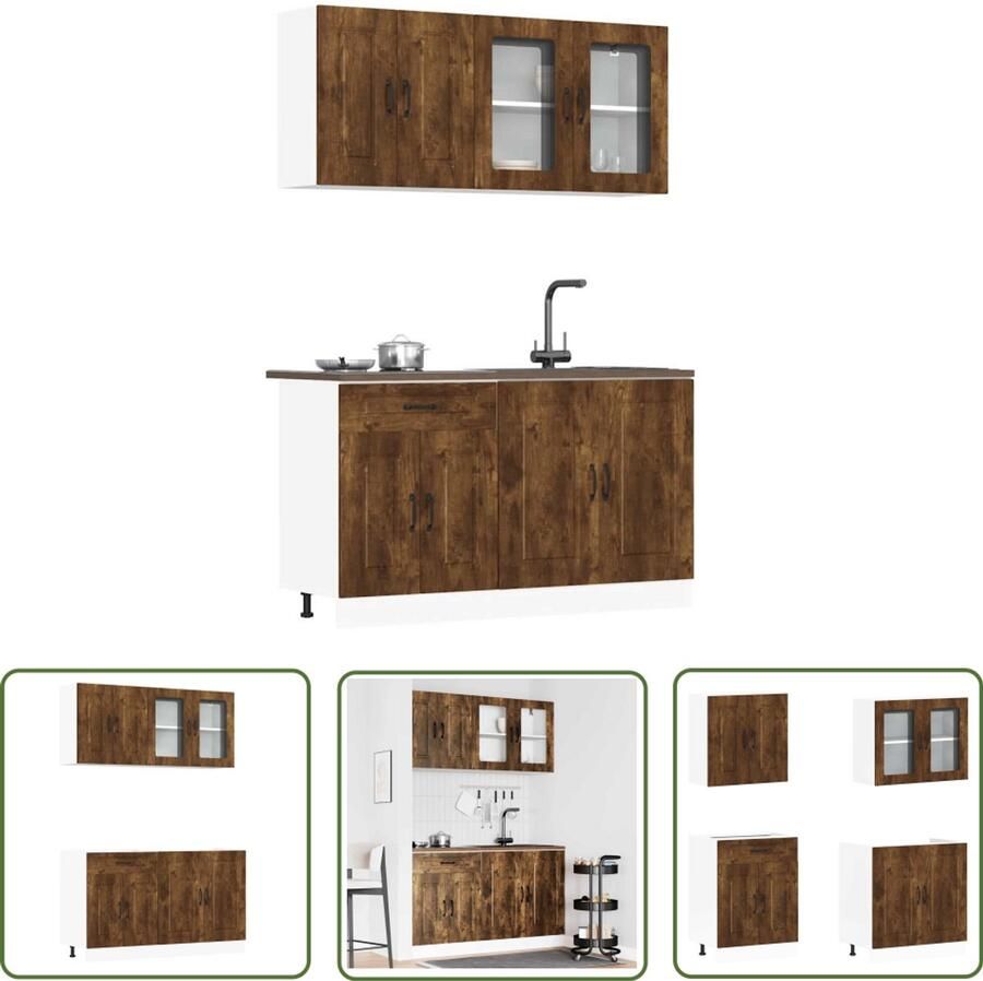 The Living Store 4-delige Keukenkastenset Kalmar bewerkt hout gerookt eiken Keuken Kasten Houten Keukenkasten Keukenopstelling Keukenmeubels Kalmar Serie