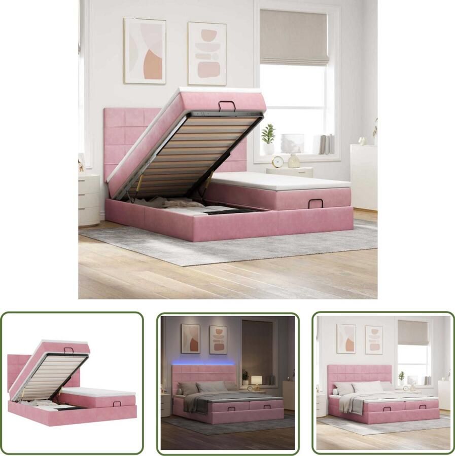VidaXL Draaibare Sleutel Dynamische Sleutel Ottoman bed met matrassen en LED's 200x200cm fluweel roze Gereedschapset Mechanica Sleutelsysteem
