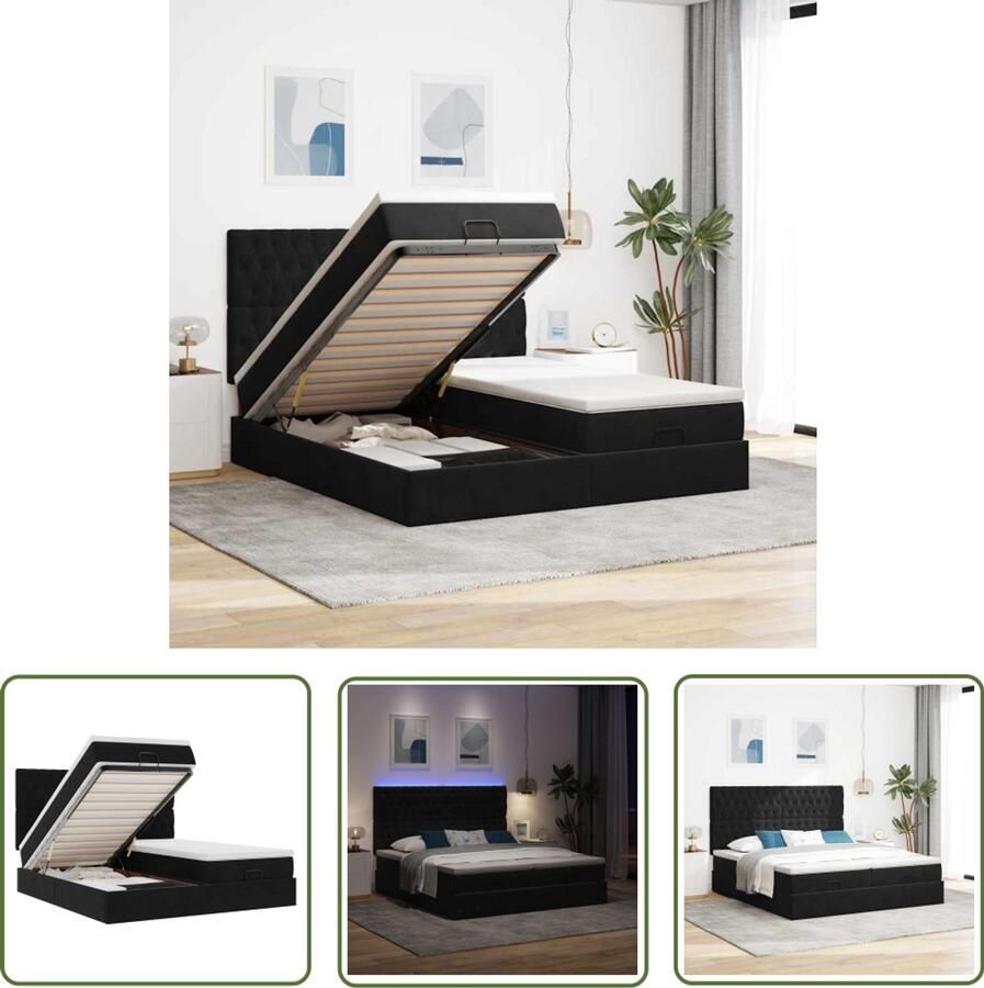 VidaXL Draaibare Sleutel Dynamische Sleutel Ottoman bed met matrassen en LED's 200x200cm fluweel zwart Gereedschapset Mechanica Sleutelsysteem