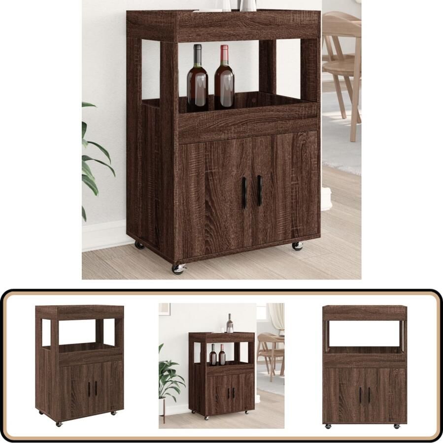 VidaXL Drankkar 2 schappen Bruin eiken 60x39 5x89 cm Drank Kar Houten Trolley Serveerwagen Keukentrolley Barwagen