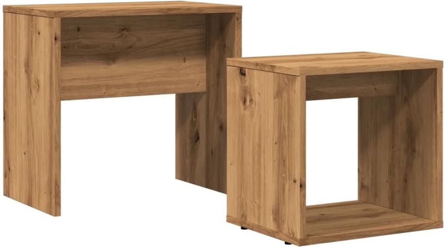 The Living Store 2-delige Tafeltjesset bewerkt hout artisanaal eikenkleurig Salontafel Set Bijzettafels Nesttafels Houten Meubilair Modern Interieur