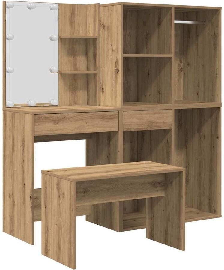 VidaXL Dressing Table Kaptafel Kaptafelset met LED-verlichting bewerkt hout artisanaal eiken Led Verlichting Make Up Tafel Make-up Bureau