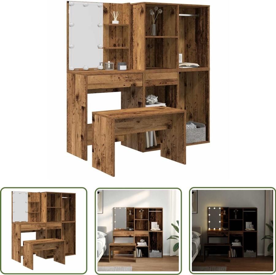 VidaXL Dressing Table Kaptafel Kaptafelset met LED-verlichting bewerkt hout oud houtkleurig Make-up Tafel Led Verlichting Bewerkt Hout