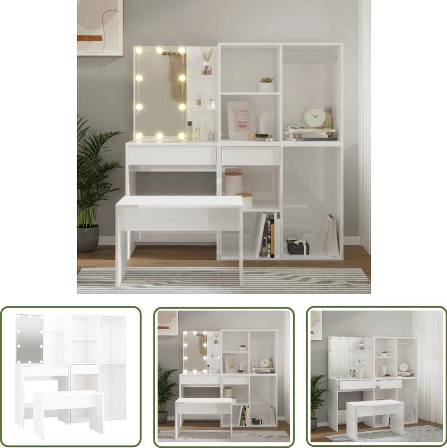 VidaXL Kaptafelset met LED's bewerkt hout hoogglans wit Kaptafel Dressing Table Make-up Tafel Led Verlichting Hoofdglaas