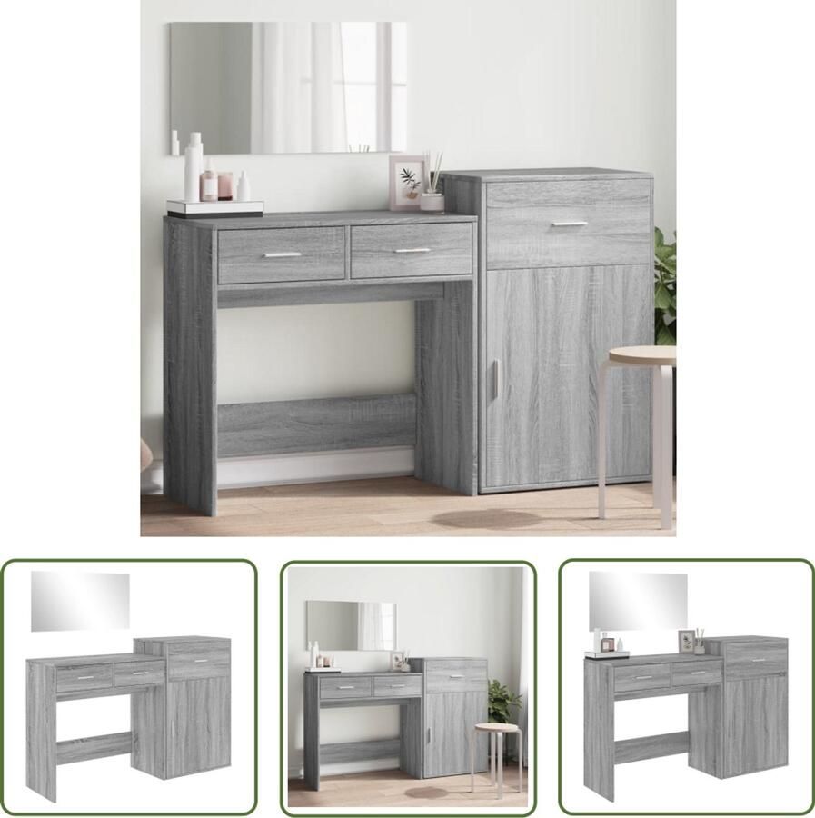 VidaXL Dressingtable Kaptafel 3-delige Kaptafelset bewerkt hout grijs sonoma eikenkleurig Make-up Tafel Houten Kaptafel Grijze Kaptafel