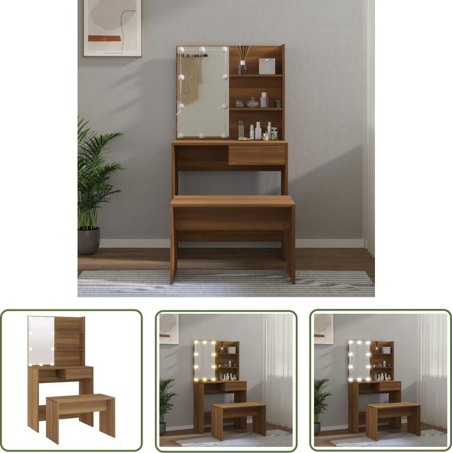 VidaXL Dressingtable Kaptafel Kaptafelset met LED-verlichting bewerkt hout bruin eikenkleur Make-up Tafel Houten Kaptafel Bruine Kaptafel