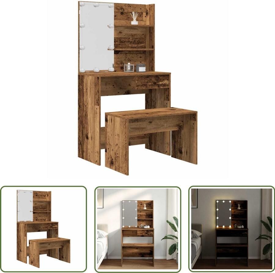 VidaXL Dressingtable Kaptafel Kaptafelset met LED-verlichting bewerkt hout oud houtkleurig Led Verlichting Makeup Tafel Make Up Bureau