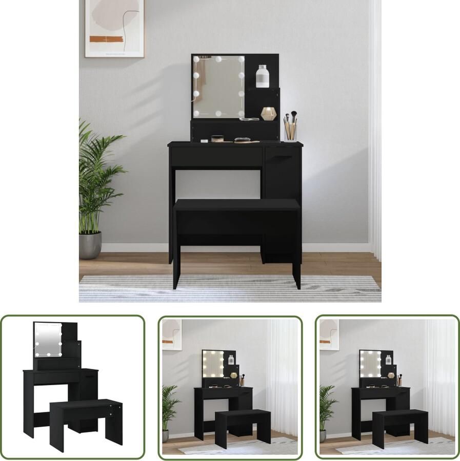 VidaXL Dressingtable Kaptafel Kaptafelset met LED-verlichting bewerkt hout zwart Make-up Tafel Led Verlichting Houten Kaptafel