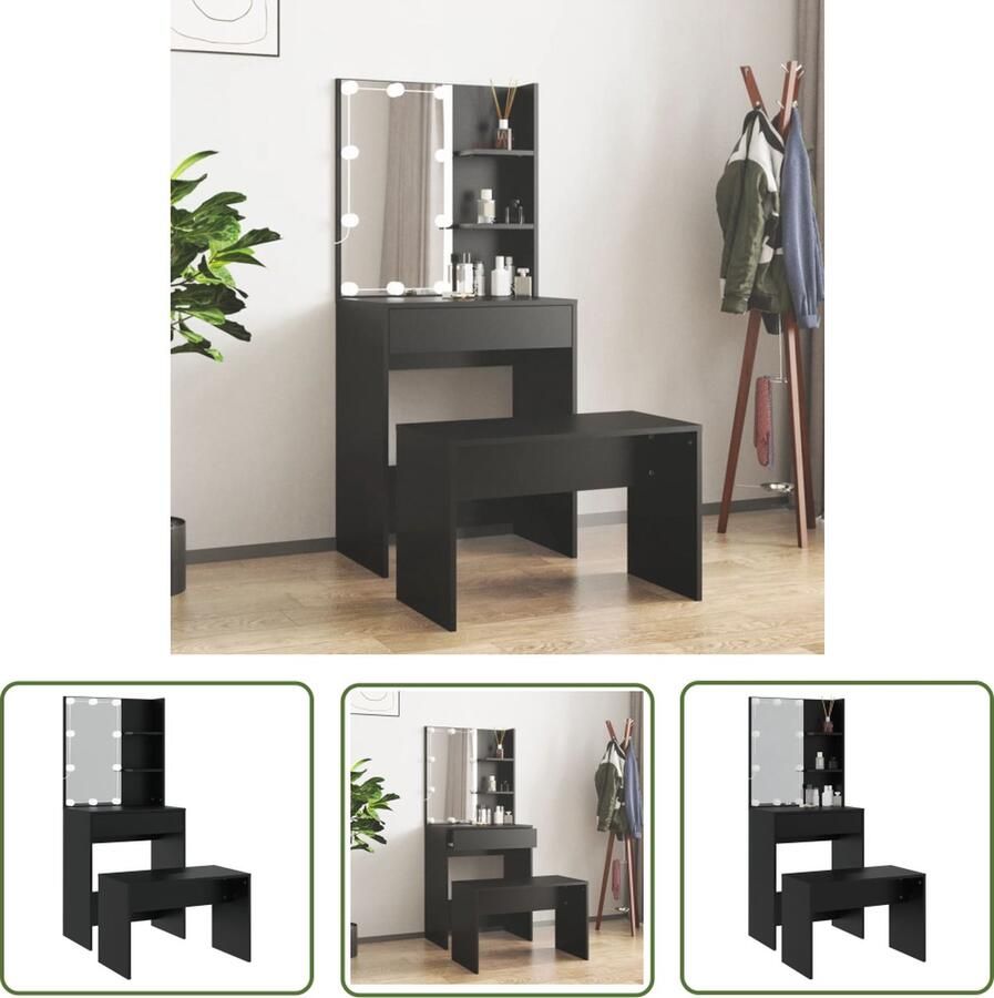 VidaXL Dressingtable Kaptafel Kaptafelset met LED-verlichting bewerkt hout zwart Make-up Tafel Led Verlichting Houten Kaptafel