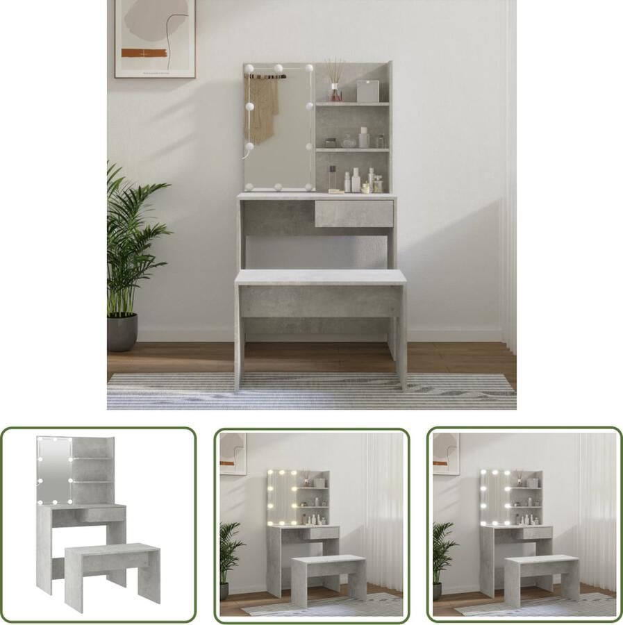 VidaXL Dressingtable Kaptafel Kaptafelset met LED's bewerkt hout betongrijs Make-up Tafel Led Verlichting Beton Grijs