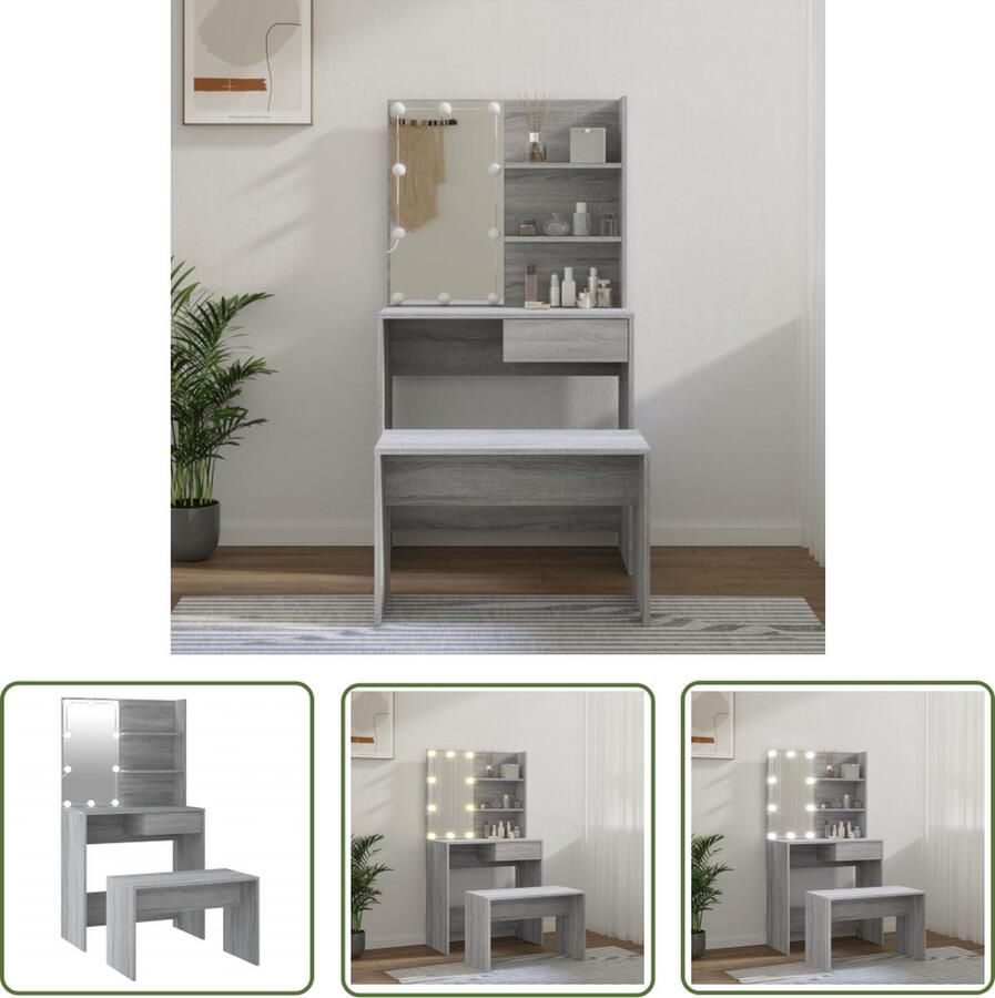 VidaXL Dressingtable Kaptafel Kaptafelset met LED's bewerkt hout grijs sonoma Make-up Tafel Led Verlichting Grijze Kaptafel