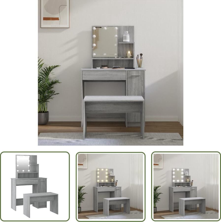 VidaXL Dressingtable Kaptafel Kaptafelset met LED's bewerkt hout grijs sonoma Make-up Tafel Led Verlichting Grijze Kaptafel