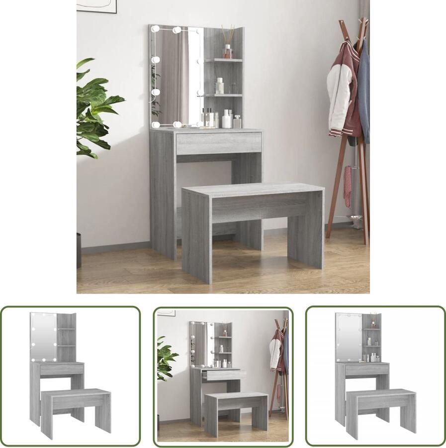 VidaXL Dressingtable Kaptafel Kaptafelset met LED's bewerkt hout grijs sonoma Make-up Tafel Led Verlichting Grijze Kaptafel