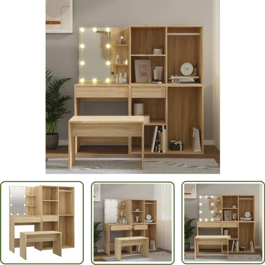 The Living Store Kaptafelset met LED's bewerkt hout sonoma eikenkleurig Kaptafel Make-up Tafel Dressing Table Led Verlichting Salontafel
