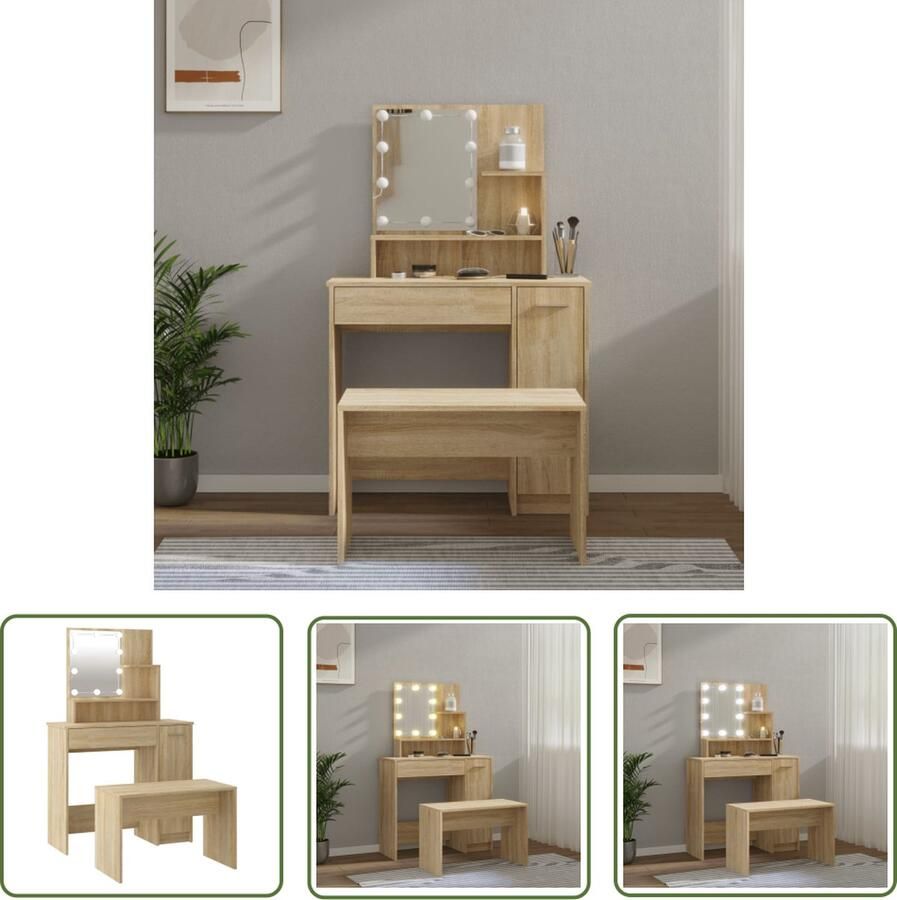VidaXL Dressingtable Kaptafel Kaptafelset met LED's bewerkt hout sonoma eikenkleurig Makeup Table Led Verlichting Sonoma Eiken