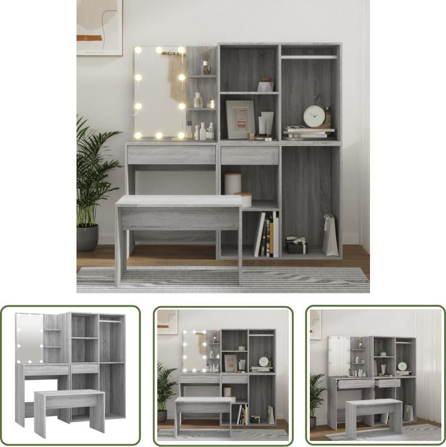 VidaXL Dressingtafel Kaptafel Kaptafelset met LED's bewerkt hout grijs sonoma eikenkleurig Make-up Tafel Grijze Kaptafel Houten Kaptafel