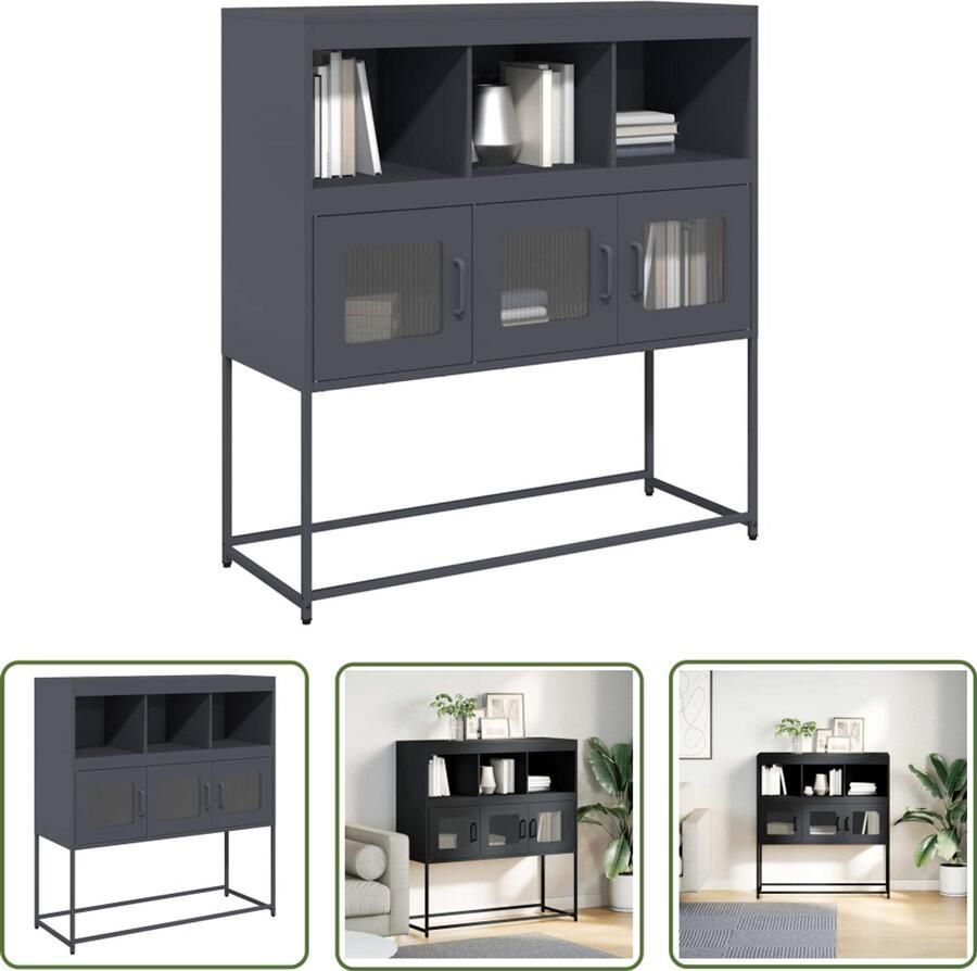 The Living Store Dressoir 100 5x39x107 cm koudgewalst staal antracietkleurig Dressoir Tv-meubel Opbergkast Salontafel Industrieel Meubilair - Foto 3