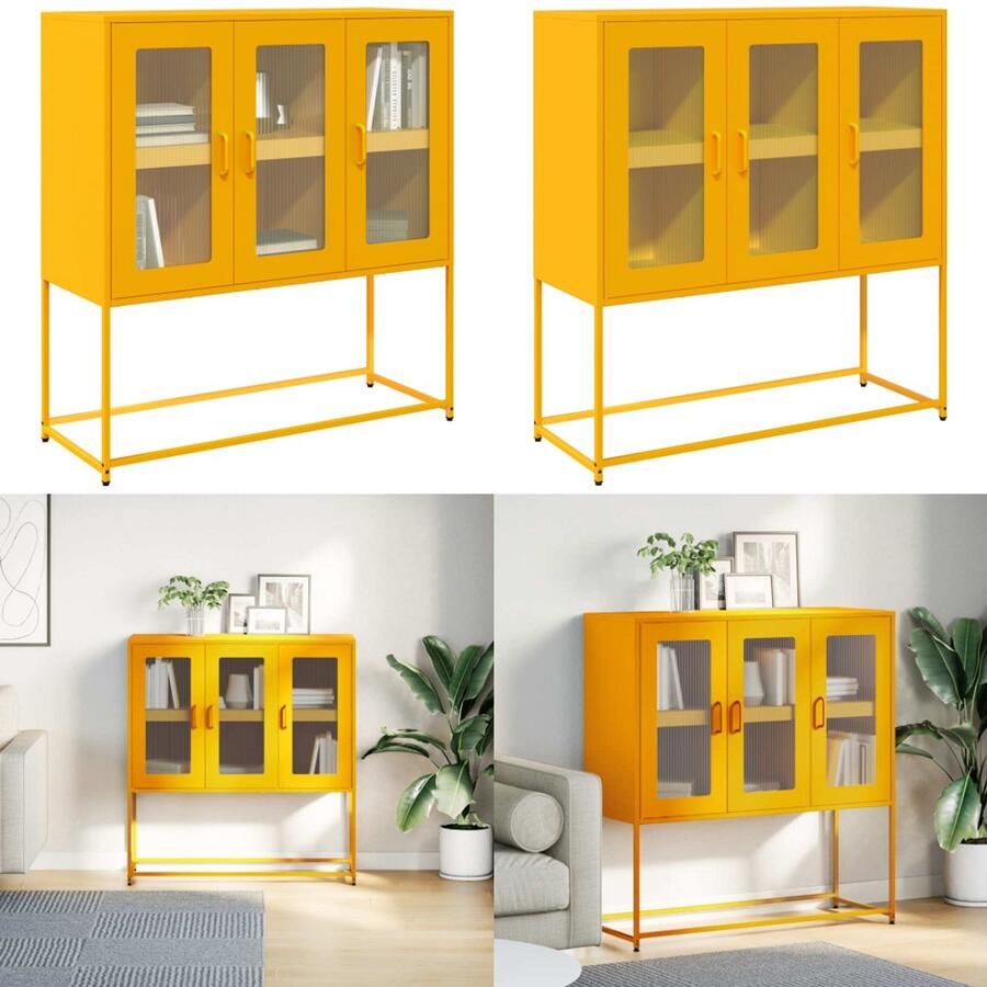 VidaXL Dressoir 100 5x39x107 cm koudgewalst staal mosterdgeel Dressoir Dressoirs Opbergkast Buffet